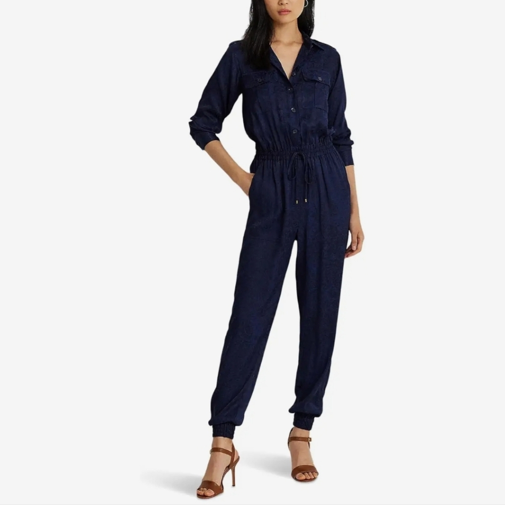 Lauren Ralph Lauren Paisley Jacquard Utility Jumpsuit Navy Blue Button-Front - Picture 1 of 14